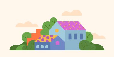 Elle çizilmiş köy manzarası, tepeler ve ağaçlarla vektör illüstrasyonu. İlkbahar veya yaz aylarında kırsal alan. Afişler, baskılar, reklamlar, markalaşma, ambalajlama için yeşil ekolojik tarım tasarımı kavramı..