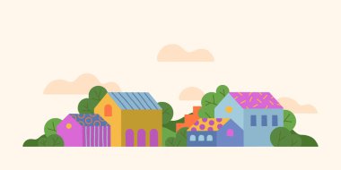 Elle çizilmiş şehir manzarası, tepeler ve ağaçlarla vektör illüstrasyonu. İlkbahar veya yaz aylarında kırsal alan. Afişler, baskılar, reklamlar, markalaşma, ambalajlama için yeşil ekolojik tarım tasarımı kavramı..