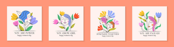 Girly vector illustrations with calm woman faces;stylish print for t shirts;posters;cards and banners with flowers.Feminism quote and woman motivational slogans.Women's day concepts.