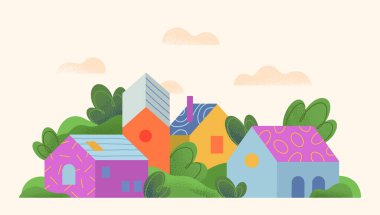 Elle çizilmiş şehir manzarası, tepeler ve ağaçlarla vektör illüstrasyonu. İlkbahar veya yaz aylarında kırsal alan. Afişler, baskılar, reklamlar, markalaşma, ambalajlama için yeşil ekolojik tarım tasarımı kavramı..