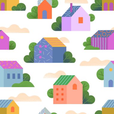 Elle çizilmiş evler, tepeler ve ağaçlar. İlkbahar ya da yaz aylarında kırsal alanda. Sm, kumaş, davetiye, baskı, tanıtım için yeşil çevre kenti duvar kağıdı..