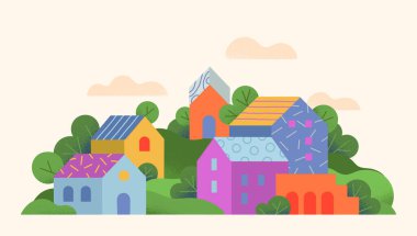 Elle çizilmiş şehir manzarası, tepeler ve ağaçlarla vektör illüstrasyonu. İlkbahar veya yaz aylarında kırsal alan. Afişler, baskılar, reklamlar, markalaşma, ambalajlama için yeşil ekolojik tarım tasarımı kavramı..