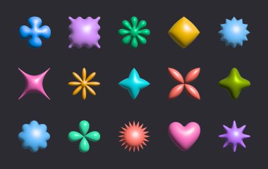 90 'ların tarzında 3d vektör plastik şekiller. Y2k estetikteki soyut şirin simgeler veya semboller. Pankartlar, sosyal medya pazarlaması, markalaşma, ambalaj, kapsayan çizgi film tasarım unsurları