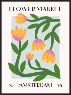 El yazısıyla çizilmiş çiçek pazarı vektör posteri. Parmak izleri, el ilanları, afişler, davetiyeler, marka tasarımı, kapaklar, ev dekorasyonu için modern botanik illüstrasyonu..