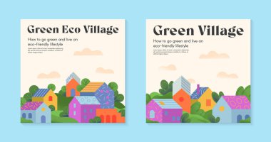 İçinde evler, tepeler ve ağaçlar bulunan yeşil eko köyü broşürleri. İlkbahar veya yaz aylarında kırsal bölgeleri olan web sayfası tasarım şablonları. Gayrimenkul sitesi, baskılar, el ilanları, afişler için vektör düzeni