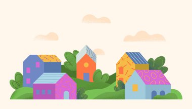 Elle çizilmiş şehir manzarası, tepeler ve ağaçlarla vektör illüstrasyonu. İlkbahar veya yaz aylarında kırsal alan. Afişler, baskılar, reklamlar, markalaşma, ambalajlama için yeşil ekolojik tarım tasarımı kavramı..