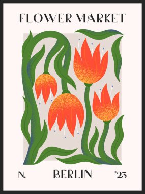 El yazısıyla çizilmiş çiçek pazarı vektör posteri. Parmak izleri, el ilanları, afişler, davetiyeler, marka tasarımı, kapaklar, ev dekorasyonu için modern botanik illüstrasyonu..