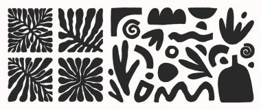 Siyah-beyaz vektör el çizimi Matisse estetik sanatı. Elle çizilmiş organik soyut doğa formları ve vazolar. Parmak izi, el ilanları, afişler, kumaş, marka tasarımı, kaplamalar için mükemmel grafikler..