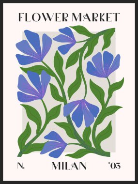 El yazısıyla çizilmiş çiçek pazarı vektör posteri. Parmak izleri, el ilanları, afişler, davetiyeler, marka tasarımı, kapaklar, ev dekorasyonu için modern botanik illüstrasyonu..