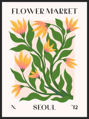 El yazısıyla çizilmiş çiçek pazarı vektör posteri. Parmak izleri, el ilanları, afişler, davetiyeler, marka tasarımı, kapaklar, ev dekorasyonu için modern botanik illüstrasyonu..