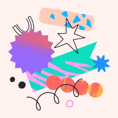 Metin için kopyalama alanı olan sanatsal yamalar, karalamalar ve çıkartmalar. Sancaklar için soyut dokulara sahip modern tasarım unsurları, sosyal medya pazarlaması, markalaşma, paketleme, kapaklar, baskılar