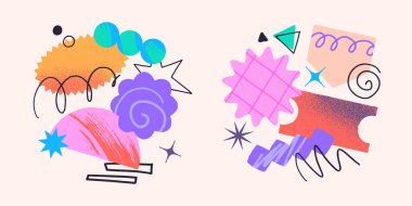 Metin için kopyalama alanı olan sanatsal yamalar, karalamalar ve çıkartmalar. Sancaklar için soyut dokulara sahip modern tasarım unsurları, sosyal medya pazarlaması, markalaşma, paketleme, kapaklar, baskılar