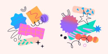 Metin için kopyalama alanı olan sanatsal yamalar, karalamalar ve çıkartmalar. Sancaklar için soyut dokulara sahip modern tasarım unsurları, sosyal medya pazarlaması, markalaşma, paketleme, kapaklar, baskılar