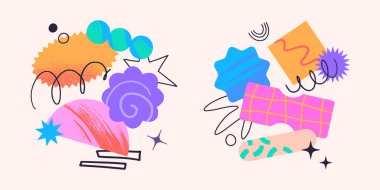 Metin için kopyalama alanı olan sanatsal yamalar, karalamalar ve çıkartmalar. Sancaklar için soyut dokulara sahip modern tasarım unsurları, sosyal medya pazarlaması, markalaşma, paketleme, kapaklar, baskılar