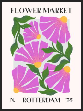 El yazısıyla çizilmiş Rotterdam çiçek pazarı posteri. Parmak izleri, el ilanları, afişler, davetiyeler, marka tasarımı, kapaklar, ev dekorasyonu için modern botanik illüstrasyonu..