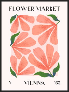 El yazısıyla çizilmiş Viyana çiçek pazarı posteri. Parmak izleri, el ilanları, afişler, davetiyeler, marka tasarımı, kapaklar, ev dekorasyonu için modern botanik illüstrasyonu..
