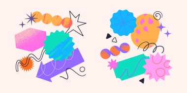 Metin için kopyalama alanı olan sanatsal yamalar, karalamalar ve çıkartmalar. Sancaklar için soyut dokulara sahip modern tasarım unsurları, sosyal medya pazarlaması, markalaşma, paketleme, kapaklar, baskılar