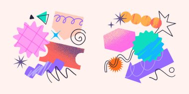 Metin için kopyalama alanı olan sanatsal yamalar, karalamalar ve çıkartmalar. Sancaklar için soyut dokulara sahip modern tasarım unsurları, sosyal medya pazarlaması, markalaşma, paketleme, kapaklar, baskılar