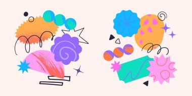 Metin için kopyalama alanı olan sanatsal yamalar, karalamalar ve çıkartmalar. Sancaklar için soyut dokulara sahip modern tasarım unsurları, sosyal medya pazarlaması, markalaşma, paketleme, kapaklar, baskılar