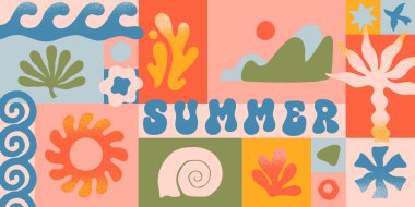 Doğal organik şekiller, karalamalar içeren vektör yaz illüstrasyonu.Harika boho palmiyesi, plaj, sörf, dalgalar, güneş, deniz kabuğu grafik sembolleri ve elementler. Basit komik bir tatil geçmişi..