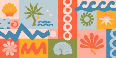 Doğal organik şekiller, karalamalar içeren vektör yaz illüstrasyonu.Harika boho palmiyesi, plaj, sörf, dalgalar, güneş, deniz kabuğu grafik sembolleri ve elementler. Basit komik bir tatil geçmişi..