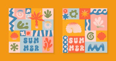 Doğal organik şekilli, karalamalı vektör yaz çizimleri. Harika boho palmiyesi, plaj, sörf, dalgalar, güneş, deniz kabuğu grafik sembolleri ve elementler. Basit komik bir tatil geçmişi..