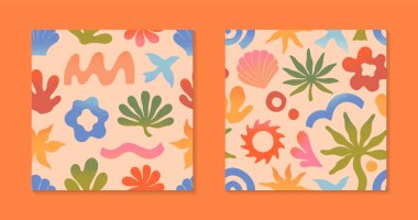 El yapımı palmiye, güneş, mercan, deniz kabuğu, dalgalı vektör yaz doğası sanatsal desenler. Afişler, smm, markalaşma, ambalaj, kaplamalar, baskılar için moda tasarımlar.