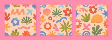 El yapımı palmiye, güneş, mercan, deniz kabuğu, dalgalı vektör yaz doğası sanatsal desenler. Afişler, smm, markalaşma, ambalaj, kaplamalar, baskılar için moda tasarımlar.