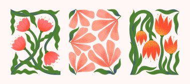 Elle çizilmiş çiçek vektör kompozisyonları. Parmak izleri, el ilanları, afişler, davetiyeler, marka tasarımı, kapaklar, ev dekorasyonu için modern botanik çizimleri.