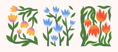 Elle çizilmiş çiçek vektör kompozisyonları. Parmak izleri, el ilanları, afişler, davetiyeler, marka tasarımı, kapaklar, ev dekorasyonu için modern botanik çizimleri.