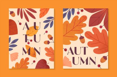 Yapraklar, meşe palamudu, böğürtlen ve bitkilerin sonbahar posterleri. Modern illüstrasyonları taşıyın. Baskı, reklam, sosyal medya pazarlama, markalaşma, amalar, kapsayan sonbahar şablonları..