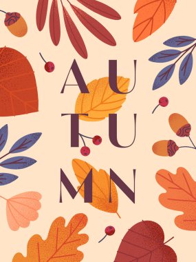 Yapraklar, meşe palamudu, böğürtlen ve bitkilerin sonbahar posteri. Modern illüstrasyon. Baskı, reklam, sosyal medya pazarlama, markalaşma, amalar için moda sonbahar şablonu..