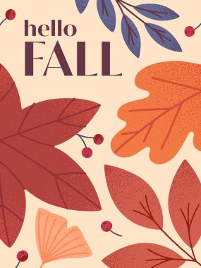 Yapraklar, ginkgo, böğürtlen ve bitkiler sonbahar renklerinde sonbahar posteri. Baskı, reklam, sosyal medya pazarlama, markalaşma, ambalaj, kaplamalar için çağdaş sonbahar şablonu..