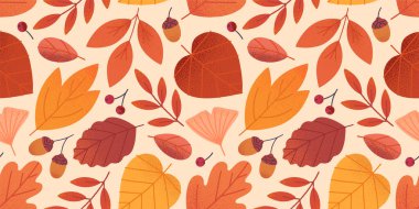 Yapraklar, çiçekler ve berilerli vektörsüz sonbahar deseni. Sonbahar renklerinde mevsimsel moda duvar kağıdı. Parmak izleri, reklam, sosyal medya pazarlama, markalaşma, ambalaj, kaplamalar için sonbahar dekorasyonu.