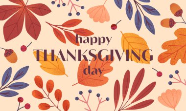 Yapraklar, meşe palamutları, böğürtlenler, sonbahar renklerinde bitkiler içeren mutlu şükran günü afişleri. Parmak izleri, reklam, smm, markalaşma, amalar, kaplamalar için vektör bayramı resmi.