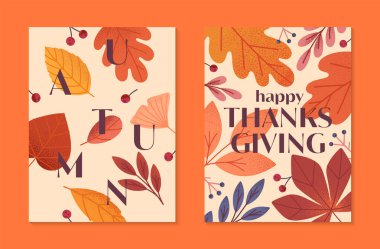 Sonbahar ve Şükran Günü posterlerini yapraklar, böğürtlenler, sonbahar renklerinde bitkiler ile hazırlayın. Baskı, reklam, smm, markalaşma, ambalaj, kapaklar için vektör bayram illüstrasyonları.
