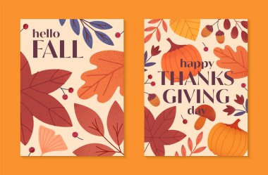 Balkabakları, mantarlar, yapraklar, böğürtlenler, sonbahar renklerinde bitkilerle dolu mevsimsel Şükran Günü posterleriniz kutlu olsun. Baskı, reklam, smm, markalaşma, amalar, kaplamalar için vektör bayramı çizimleri.