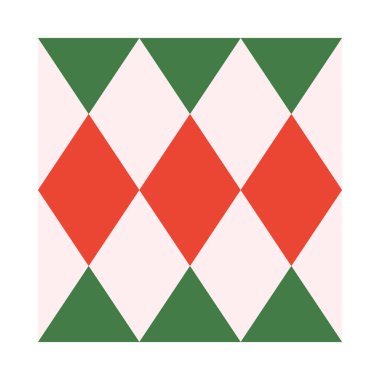 Tatil geometrik Noel süsleri. Noel ve Mutlu Yeni Yıl sembolleri. Yeşil ve kırmızı renklerde bayram vektör amblemi. Markalar, amblemler, davetiyeler, parmak izleri, kapaklar için bayram tasarımı.