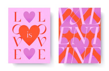 Sevgililer Günü romantik illüstrasyonları seti. Modern tipografi afişleri. Kalpleri olan romantik selamlama posterleri. Baskı, davetiye, reklam, kapak, tanıtım için moda vektör kavramları..