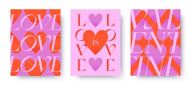 Sevgililer Günü romantik illüstrasyonları seti. Modern tipografi afişleri. Kalpli romantik tebrik posterleri. Baskılar, davetiyeler, reklamlar, kapaklar, tanıtım teklifleri..