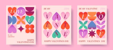 Sevgililer Günü 'nüz kutlu olsun romantik illüstrasyonlar. Modern tipografi afişleri. Kalpli romantik selamlama posterleri, geometrik şekiller.