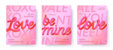 Sevgililer Günü 3D romantik illüstrasyonlar. Modern tipografi afişleri. 3 boyutlu ifadeler, değişken arkaplan posterleri. Baskı, davetiye, reklam, kapak, tanıtım için moda vektör kavramları.