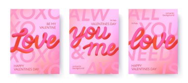 Sevgililer Günü 3 'üncü Sevgililer Günü resimlere bayılır. Modern tipografi afişleri. 3 boyutlu ifadeler, değişken arkaplan posterleri. Baskılar, davetiyeler, reklamlar, kapaklar, tanıtımlar için moda vektör kavramları.