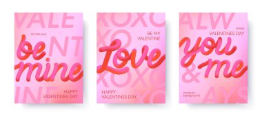 Sevgililer Günü 3D romantik illüstrasyonlar. Modern tipografi afişleri. 3 boyutlu ifadeler, değişken arkaplan posterleri. Baskı, davetiye, reklam, kapak, tanıtım için moda vektör kavramları.