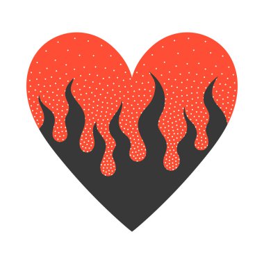 Kalp ve alevli gerçeküstü illüstrasyon. Retro baskı estetiği. Tasarım tecrit edilmiş element. Sancaklar, sosyal medya pazarlaması, markalaşma, ambalaj, kapsayan moda aşk tutkusu amblemi.