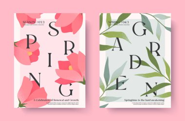 Pembe gülleri ve yeşil bitkileri olan bahar süsleri. Taze yeşil çiçekli modern tipografi afişleri ve çiçek açan çiçekler. Tatil baskıları, davetiyeler, tanıtım teklifleri, kapaklar, kapaklar için yaratıcı mevsimsel arka planlar.