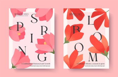 Pembe güllü ve kırmızı gelincikli bahar resimleri. Çiçekli modern tipografi afişleri. Bayram baskıları, davetiyeler, tanıtım teklifleri, kapaklar, selamlar için yaratıcı mevsimsel arka planlar.