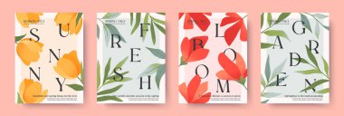 Sarı laleli bahar resimleri, kırmızı gelincikler, yeşil botanik. Çiçekli tipografi afişleri. Tatil baskıları, davetiyeler, kapaklar, selamlar için sezonluk arka planlar.