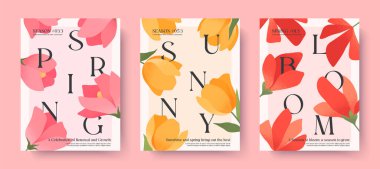 Pembe güllü, sarı laleli, kırmızı gelincikli bahar resimleri. Çiçekli tipografi afişleri. Bayram baskıları, davetiyeler, kapaklar, selamlar için sezonluk arka planlar.