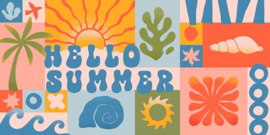 Doğal organik şekiller, karalamalar ile yaz konsepti çizimi. Harika boho palmiye, plaj, sörf, dalgalar, güneş, deniz kabuğu grafik sembolleri ve elementler. Basit komik bir tatil arka planı..